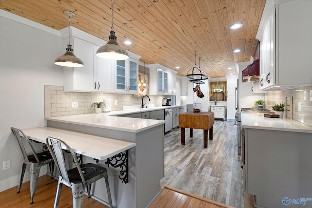 kitchen with decorative backsplash, stainless steel appliances, light countertops, wooden ceiling, and recessed lighting