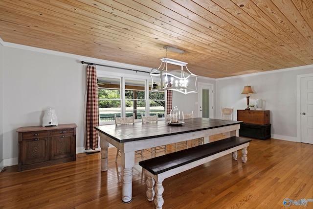 dining space featuring a notable chandelier, wooden ceiling, ornamental molding, and wood finished floors