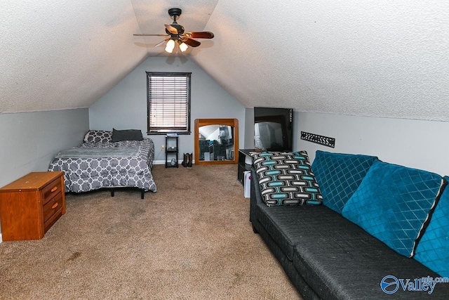 bedroom featuring a textured ceiling, ceiling fan, lofted ceiling, and light colored carpet