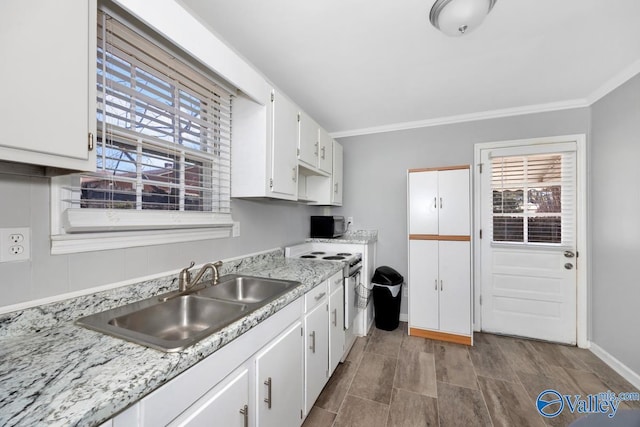 kitchen featuring crown molding, white cabinets, a sink, and electric range