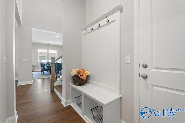 mudroom with baseboards and dark wood finished floors