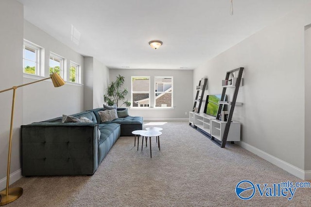 living area featuring baseboards and carpet