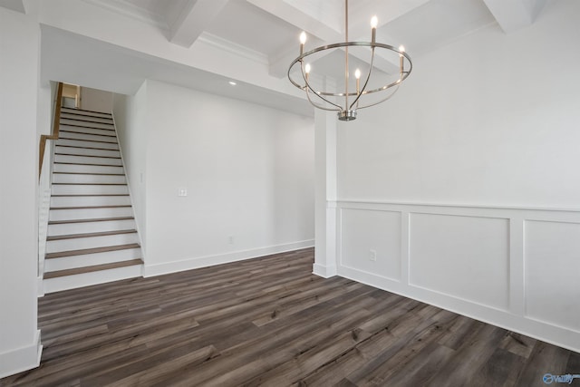 unfurnished dining area with dark wood-style floors, beam ceiling, a notable chandelier, a decorative wall, and stairs