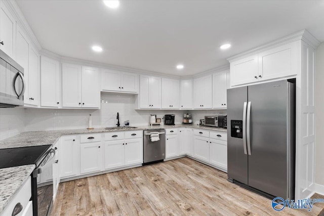 kitchen featuring a sink, white cabinetry, appliances with stainless steel finishes, and tasteful backsplash