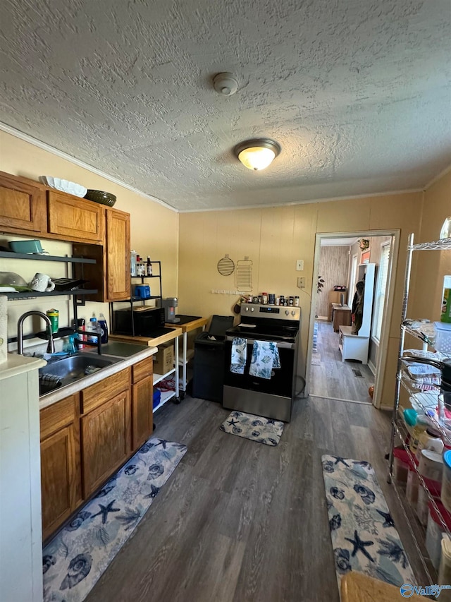 kitchen with sink, dark wood-type flooring, crown molding, a textured ceiling, and electric stove