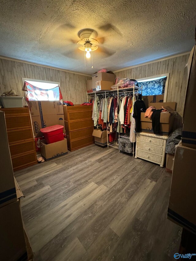 spacious closet featuring wood-type flooring and ceiling fan