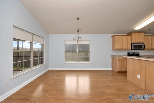 kitchen with pendant lighting, appliances with stainless steel finishes, light hardwood / wood-style floors, and light brown cabinets