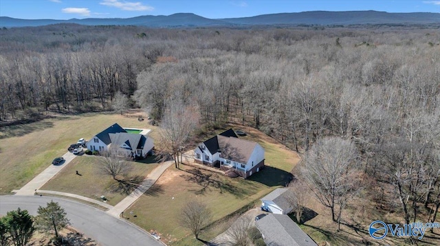 drone / aerial view featuring a mountain view and a wooded view