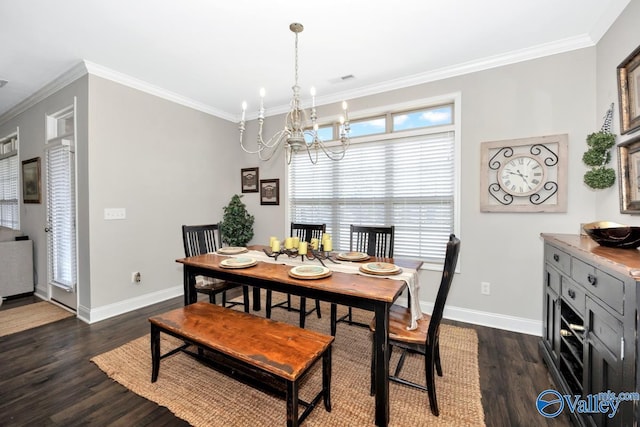 dining space with a notable chandelier, baseboards, ornamental molding, and dark wood-style flooring