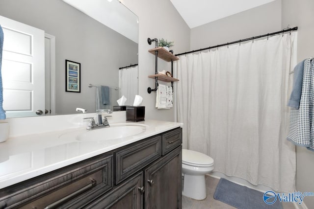 full bath featuring toilet, tile patterned flooring, a shower with shower curtain, and vanity