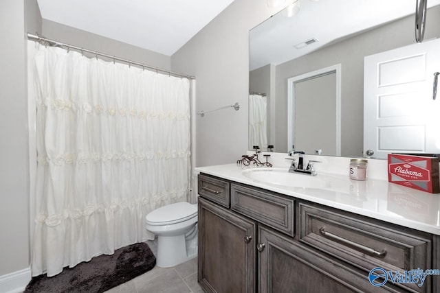 full bath featuring visible vents, vanity, toilet, and tile patterned floors