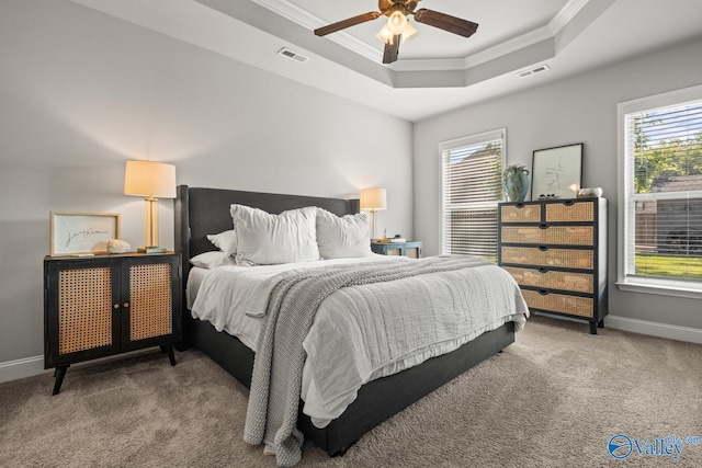 3015 Peevey Creek Ln, Owens Cross Roads, AL 35763 - bedroom featuring ornamental molding, a raised ceiling, carpet, multiple windows, and baseboards