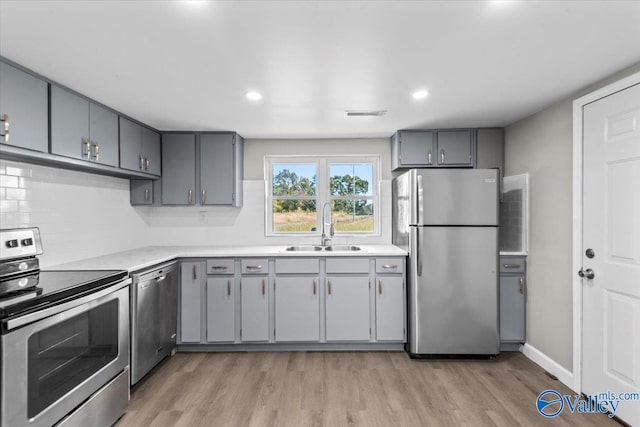 kitchen featuring sink, appliances with stainless steel finishes, gray cabinetry, and light wood-type flooring