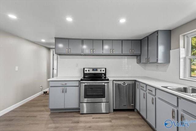 kitchen with appliances with stainless steel finishes, backsplash, gray cabinets, and light hardwood / wood-style floors