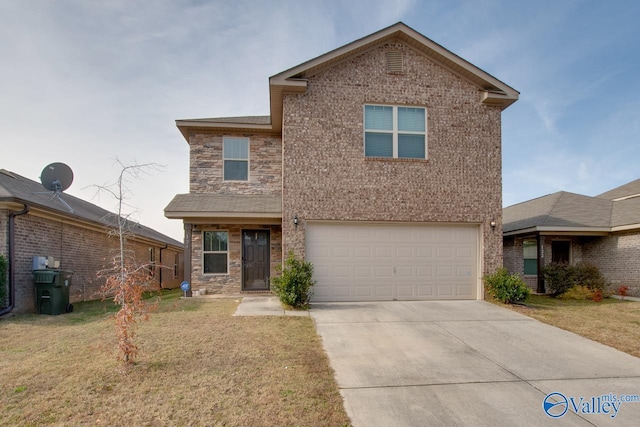 traditional home featuring stone siding, an attached garage, driveway, and a front lawn