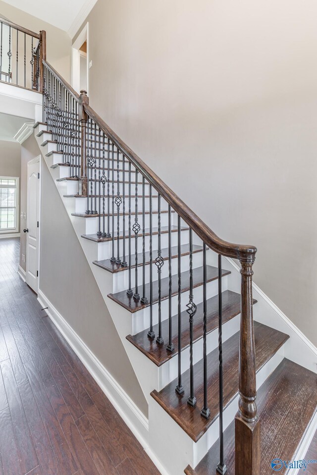 stairway with hardwood / wood-style flooring and crown molding