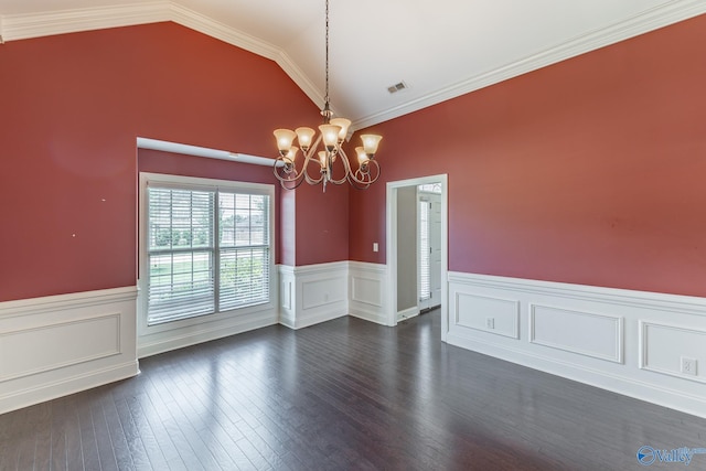 unfurnished dining area featuring high vaulted ceiling, a chandelier, dark hardwood / wood-style flooring, and ornamental molding