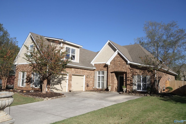 view of property featuring a front yard and a garage