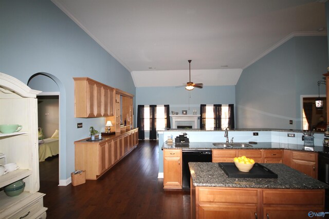 kitchen featuring dishwasher, sink, dark hardwood / wood-style flooring, dark stone counters, and vaulted ceiling