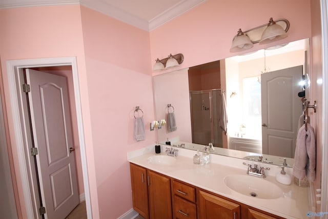 bathroom with vanity, independent shower and bath, and ornamental molding