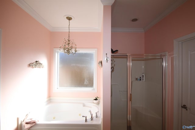 bathroom featuring separate shower and tub, ornamental molding, and a chandelier