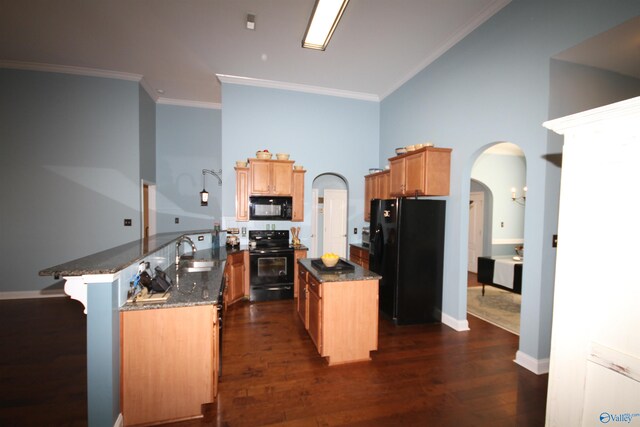 kitchen with dark hardwood / wood-style flooring, sink, a kitchen island, and black appliances