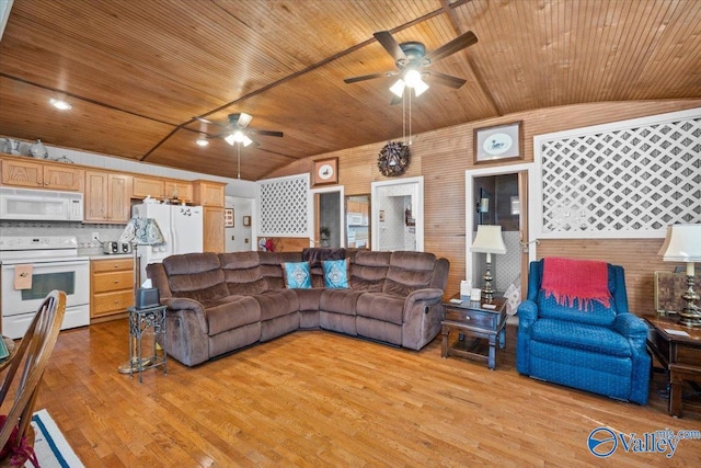 living room with light wood-type flooring, lofted ceiling, ceiling fan, and wood ceiling