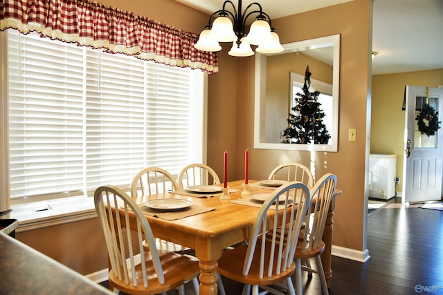 dining area with plenty of natural light, dark wood-type flooring, and a chandelier