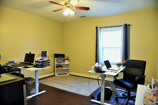 office with ceiling fan and dark hardwood / wood-style floors