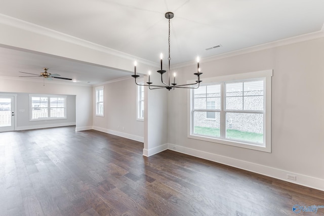 interior space featuring dark wood-type flooring, ornamental molding, and ceiling fan