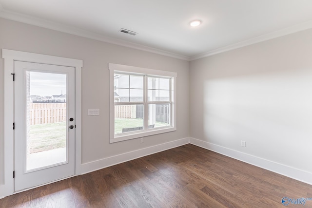 doorway with crown molding and dark wood-type flooring