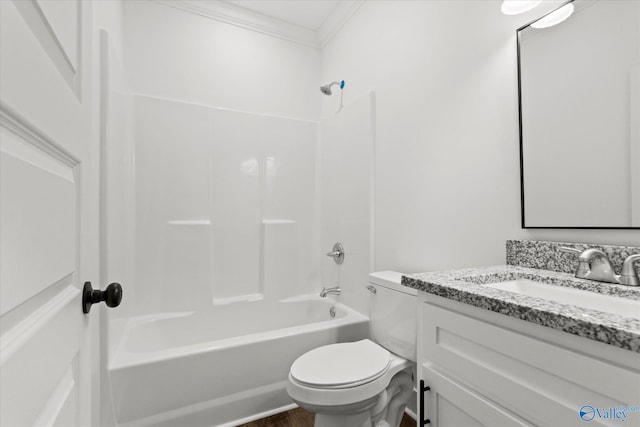 full bath with toilet, vanity, crown molding, and shower / bathing tub combination
