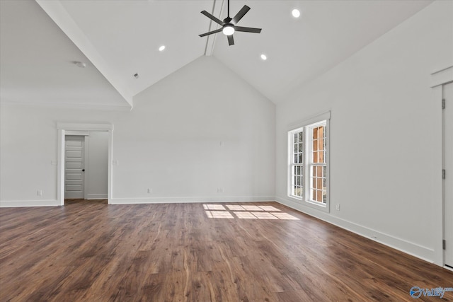 unfurnished living room with wood finished floors, high vaulted ceiling, baseboards, ceiling fan, and recessed lighting
