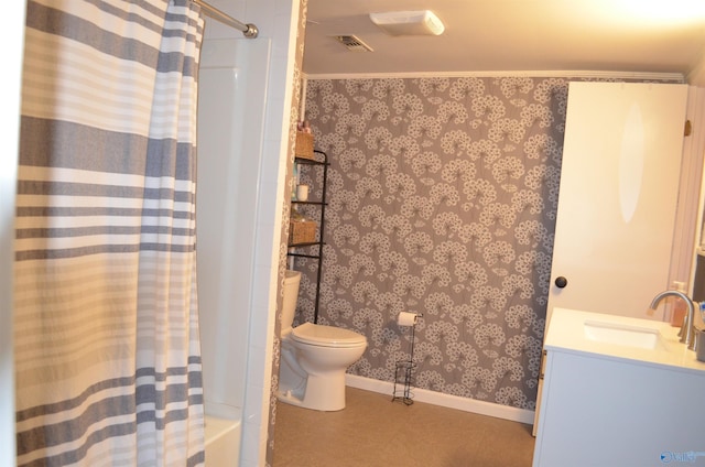 full bathroom with shower / bath combo, vanity, and toilet