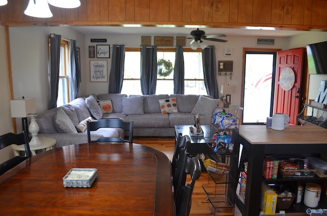 living room with ceiling fan and light hardwood / wood-style floors