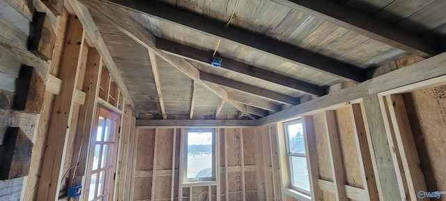 miscellaneous room featuring wood ceiling and beam ceiling