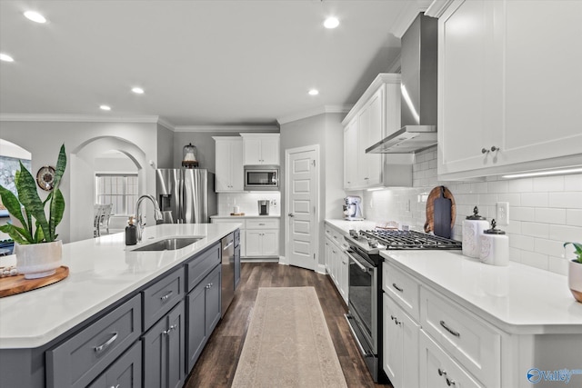 kitchen with white cabinets, a center island with sink, sink, wall chimney exhaust hood, and stainless steel appliances