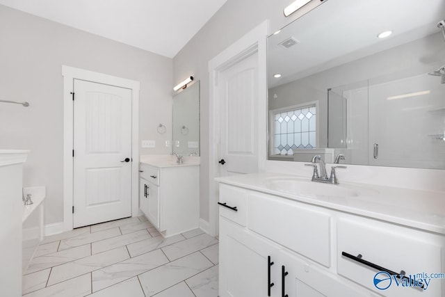 bathroom with two vanities, a sink, visible vents, marble finish floor, and a shower stall