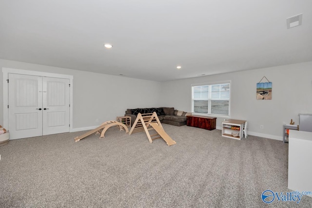 playroom featuring recessed lighting, carpet flooring, visible vents, and baseboards