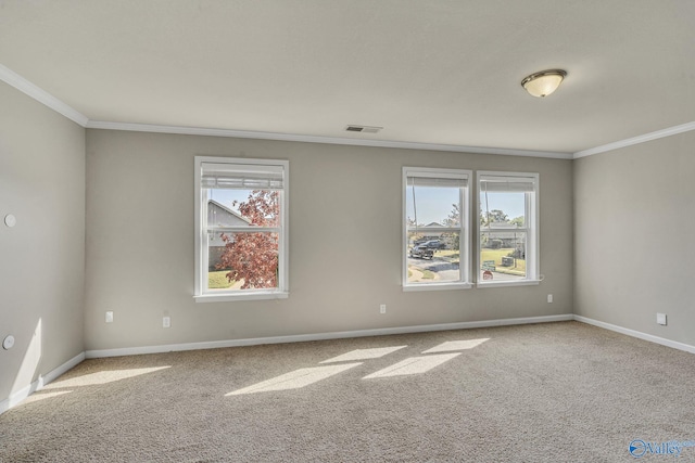 unfurnished room with crown molding, a wealth of natural light, and light colored carpet