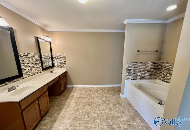 bathroom featuring backsplash, ornamental molding, vanity, and a washtub