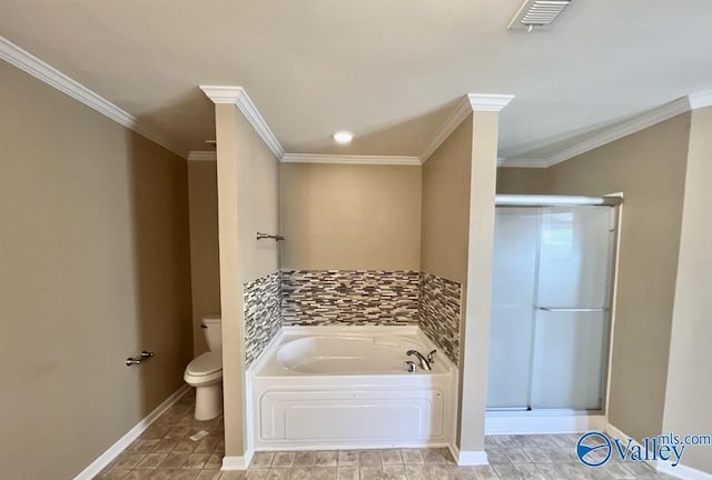 bathroom with crown molding, plus walk in shower, and toilet