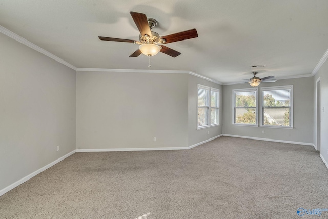 empty room featuring light colored carpet, ornamental molding, and ceiling fan