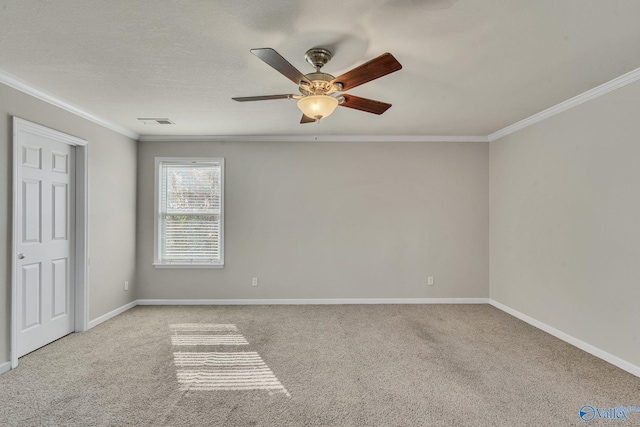 unfurnished room featuring light carpet, ornamental molding, and ceiling fan