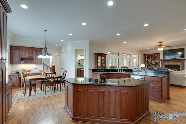 kitchen featuring stainless steel appliances, a center island, kitchen peninsula, pendant lighting, and light hardwood / wood-style flooring