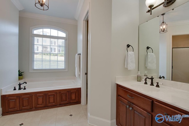 bathroom featuring ornamental molding, a bath, tile patterned floors, and an inviting chandelier