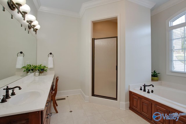 bathroom featuring tile patterned flooring, vanity, separate shower and tub, and crown molding