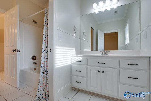 bathroom featuring vanity, shower / bath combination with curtain, tile patterned floors, and ornamental molding