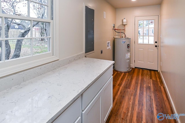 doorway featuring electric panel, baseboards, dark wood-type flooring, and electric water heater