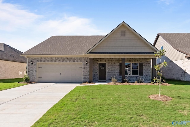 view of front of home featuring brick siding, concrete driveway, covered porch, an attached garage, and a front lawn